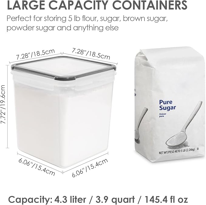 Vtopmart Food Storage Containers 4.3L / 145.4oz, 4 Pieces BPA Free Plastic Airtight Canister for Flour, Sugar, Baking Supplies, with 4 Measuring Cups and 24 Labels, Black-Ruum Studio Home
