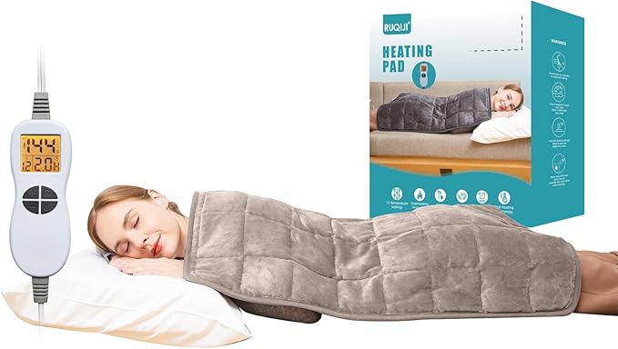 Ruqiji 17''x33'' Weighted Heating Pad, 5.2lbs with 12 Temperature Settings& Countdown Display, Pain Relief for Back/Neck/Shoulders/Abdomen/Legs, Birthday Gifts for Mom Dad Women Men (Light Tan)-Ruum Studio Home