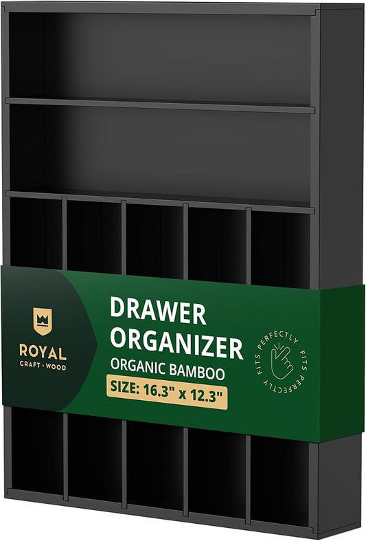 ROYAL CRAFT WOOD Luxury Bamboo Kitchen Drawer Organizer - Silverware Organizer - Utensil Holder and Cutlery Tray with Grooved Drawer Dividers for Flatware and Kitchen Utensils (7 Slot, Black)-Ruum Studio Home
