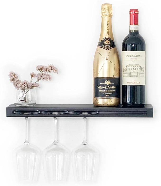 Wall Mounted Wine Rack – Metal Floating Bar Shelf with Bottle and Glass Holder, Holds 5 Bottles and 4-6 Glasses-Ruum Studio Home