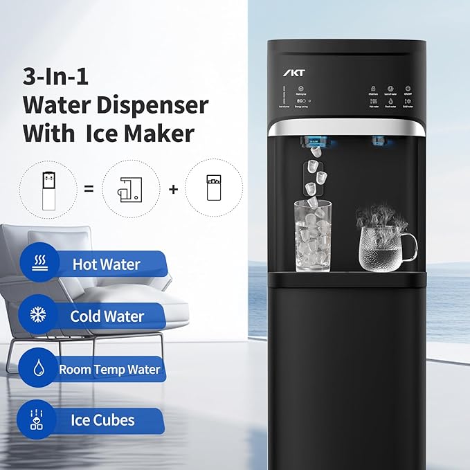 IKT Self-Cleaning Bottom Load Hot and Cold Water Cooler Dispenser with Ice Maker for 5 Gallon Bottle 22lbs Daily Capacity Perfect for Home Black-Ruum Studio Home