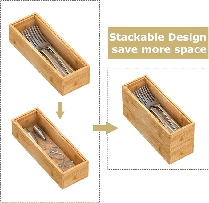 Bamboo Kitchen Drawer Organizer,Stackable Silverware Tray Utensil Organizer Cutlery Holder for Kitchen,Wooden Storage Box for Bathroom, Multi-Use Storage Bins Dividers for Office(9x3x2.5 inch)-Ruum Studio Home
