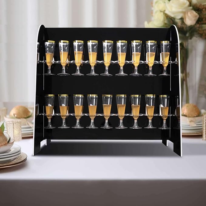 Tableclothsfactory Black Mirror Finish 2-Tier Wine Glass Stemware Rack, 18 Champagne Flute Holder Foam Board Stand - 25"-Ruum Studio Home