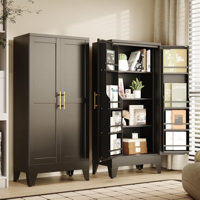 51" Kitchen Pantry Cabinet, Metal Storage Cabinet with 3 Adjustable Layer Shelves, 8 Door Shelves, Buffet Sideboard for Living Room, Kitchen, Black-Ruum Studio Home