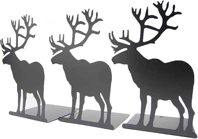 Winterworm Fashion Creative Cartoon Cute Iron Elk Moose Pattern Nonskid Metal Office Desk Bookends (Black)-Ruum Studio Home