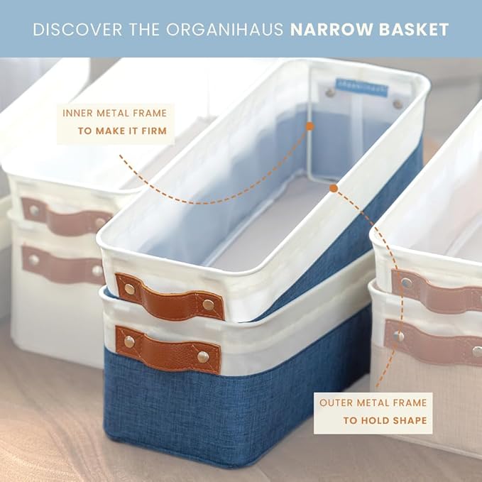 OrganiHaus Narrow Storage Bins 15x06in, Small Closet Bins for Shelves, Bathroom Storage Baskets for Shelves, Narrow Baskets, Fabric Organizer with Handles, Toilet Paper Organizer - 2 Pack, Off-White-Ruum Studio Home