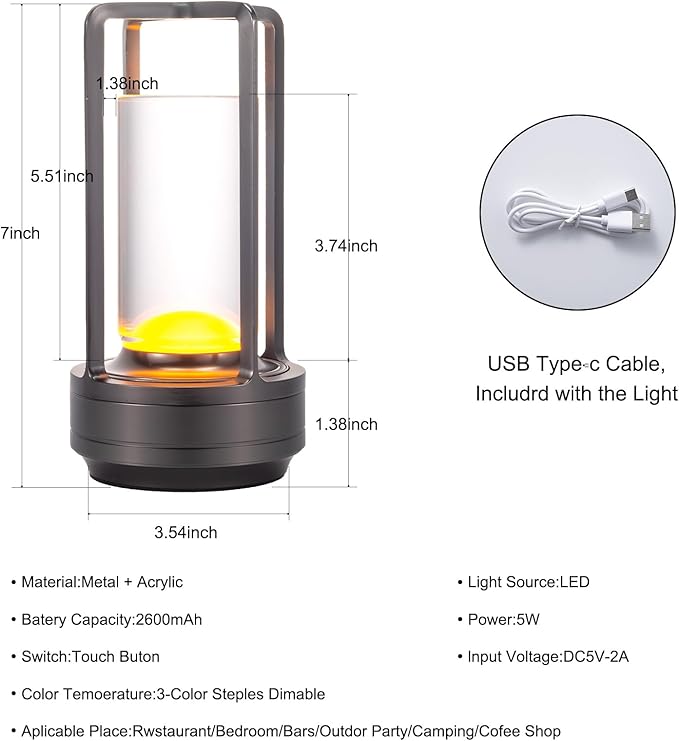 Portable Metal Table Lamp for Indoor/Outdoor ,Rechargeable Cordless LED Lamp, 3-Colour Infinitely Dimming Battery Powered Small Desk Lamp, Restaurant/Bedroom/Bar/Coffee Shop/Camping Light (Grey)-Ruum Studio Home
