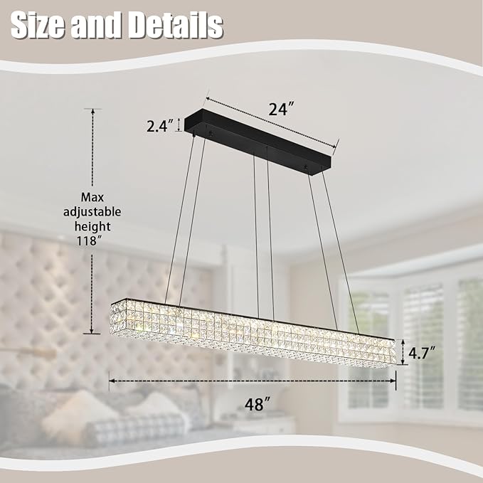 W48 Black Chandeliers for Dining Room, Modern Crystal Pendant Lights Fixture Farmhouse Hanging Dining Light Fixtures for Kitchen Island, Living Room, Bedroom-Ruum Studio Home