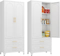 Kitchen Pantry Cabinet, 75" Tall Metal Pantry Cabinet with Two Drawers, Food Cupboards with Doors and Shelves, Freestanding Storage Cabinets for Dining, Living Room, White, Assemble Required-Ruum Studio Home