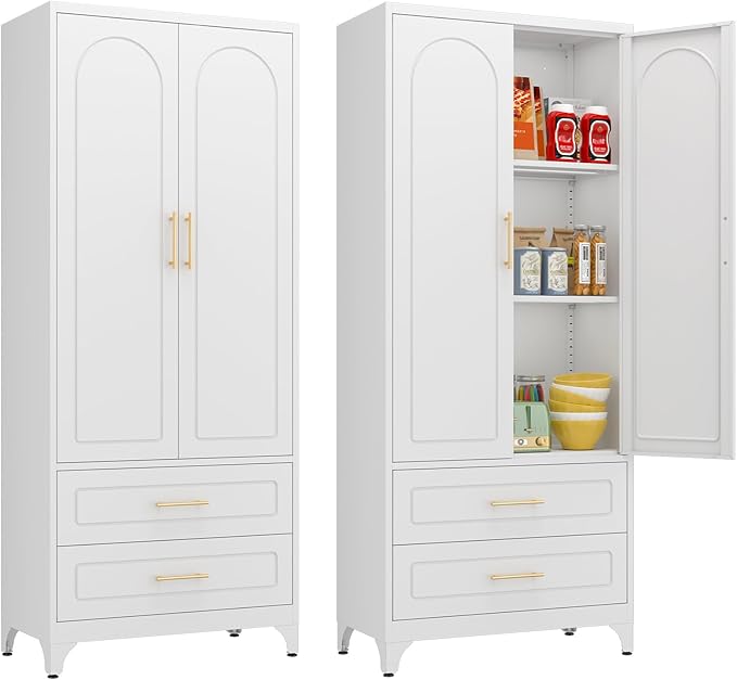 Kitchen Pantry Cabinet, 75" Tall Metal Pantry Cabinet with Two Drawers, Food Cupboards with Doors and Shelves, Freestanding Storage Cabinets for Dining, Living Room, White, Assemble Required-Ruum Studio Home
