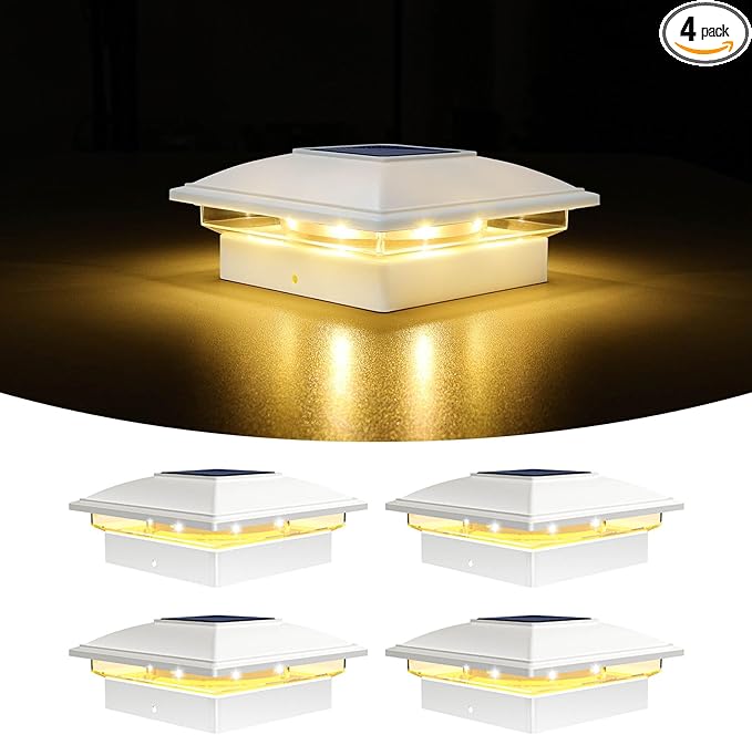 VOLISUN Solar Post Cap Light Outdoor Waterproof 4pack,Solar Fence - Post Lights for 4x4 5x5 6x6 Wooden/Vinyl Post,White Deck Cap Light Solar Powered with Warm White for Garden/Patio/Porch-Ruum Studio Home