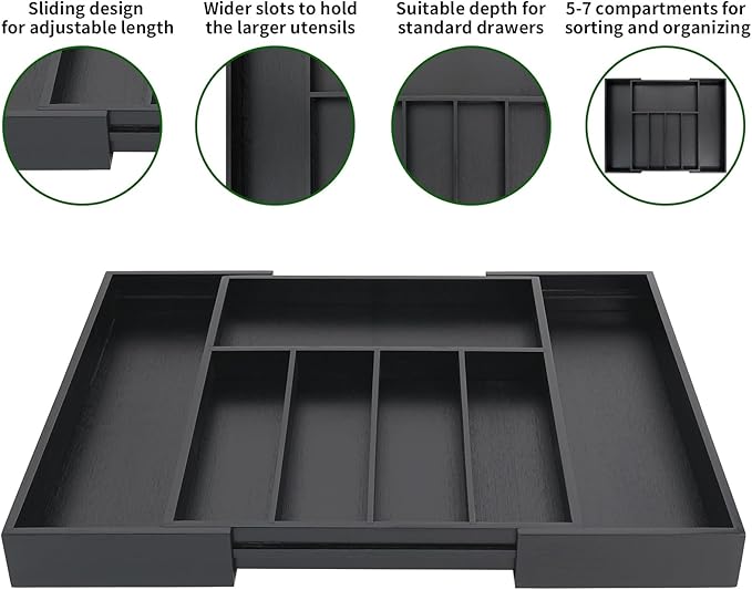VaeFae Premium Bamboo Drawer Organizer, Expandable Silverware Drawer Organizer, Cutlery Tray with Dividers for Kitchen Utensils (Black, Large)-Ruum Studio Home