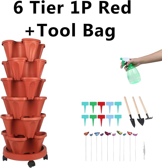 Vertical Planter, 6 Tier Stackable Strawberry Planter with Garden Tool Set, Movable Indoor/Outdoor Garden Herb Pot for Growing Vegetables and Succulents, Red-Ruum Studio Home