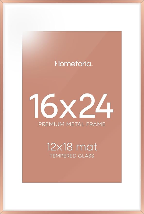 Homeforia 16x24 Picture Frame Rose Gold, High End Metal 16x24 Poster Frames with Mat 12x18 inch Photo, 16 x 24 Rose Gold Frame Matted to 12 by 18 Print, 24x16 Frame, Tempered Glass, Wall Kit, Set of 1-Ruum Studio Home