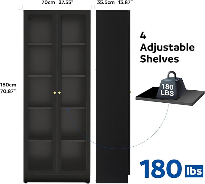 5 Tier Metal Curio Cabinets, Modern Bookshelf Cabinet with 4 Adjustable Shelves, Cabinet Display Case for Home Office, Living Room, Pantry (Black-27.5W)-Ruum Studio Home