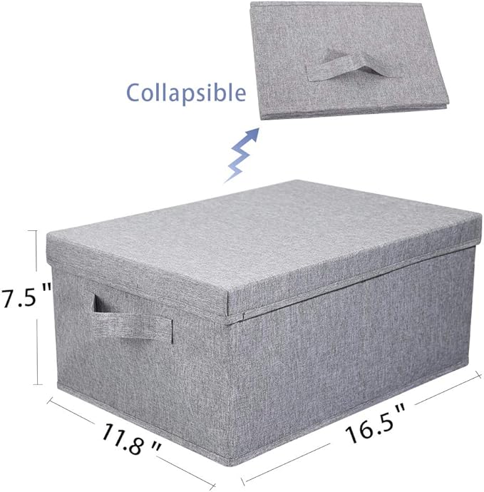 HOONEX Linen Foldable Storage Bins with Lids, 2 Pack, Storage Boxes with Carrying Handles and Sturdy Heavy Cardboard, 16.5" L x 11.8" W x 7.5" H for Shoes, Books, Clothes, Light Grey-Ruum Studio Home