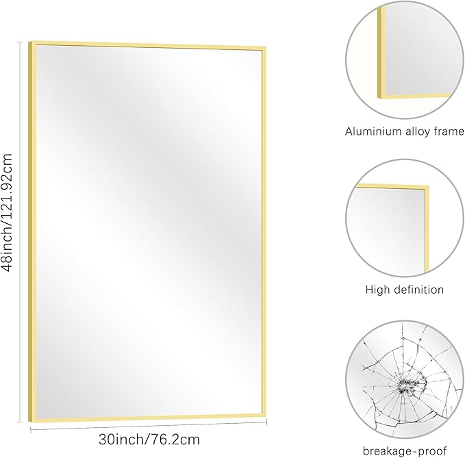 Gold Bathroom Mirror for Wall, 30x48 Inch Rectangle Mirrors with Metal Frame, Modern Vanity Wall Mirror Decor for Bathroom Living Room, Entryway Hangs Horizontal or Vertical-Ruum Studio Home