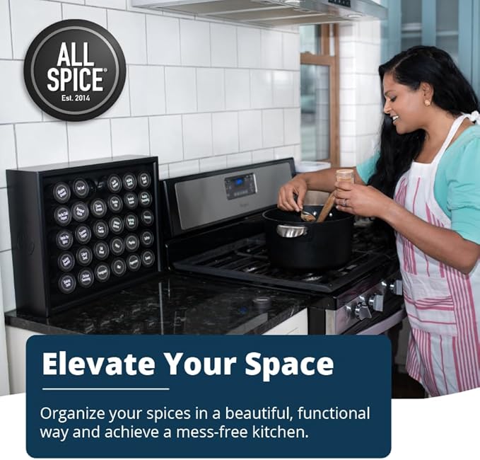 AllSpice Spice Rack Organizer, Wood, 525 Unique Labels, Countertop or Wall Mount, Includes 30 4oz Jars- Matte Black-Ruum Studio Home