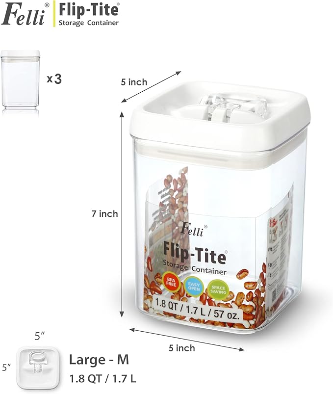 Felli Flip Tite Food Storage Containers With Lid 5" LARGE Airtight Ring Lock Flip Top, Square Acrylic Canister Jar for Rice Sugar Flour Protein Powder, Kitchen Pantry Organizer, Gift Set (1.8qt)-Ruum Studio Home