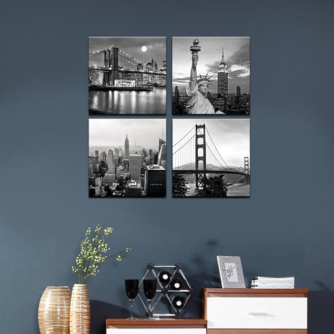 LevvArts Black and White City Wall Art Modern Brooklyn Bridge Picture Prints US Cityscape Canvas Artwork for Bedroom Home Decor-Ruum Studio Home