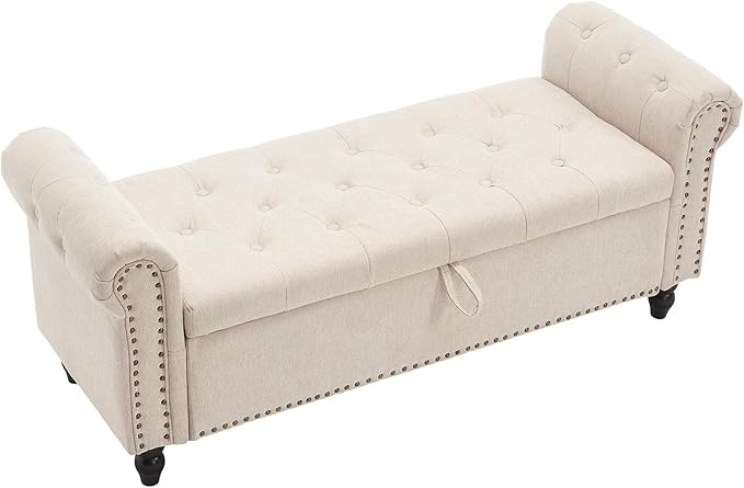 Furniliving 55” End of Bed Bench, Bedroom Bench with Button-Tufted, Large Upholstered Storage Ottoman Entryway Bench with Storage Shoe Cabinet Bench, for Bedroom, Linen, Camel-Ruum Studio Home