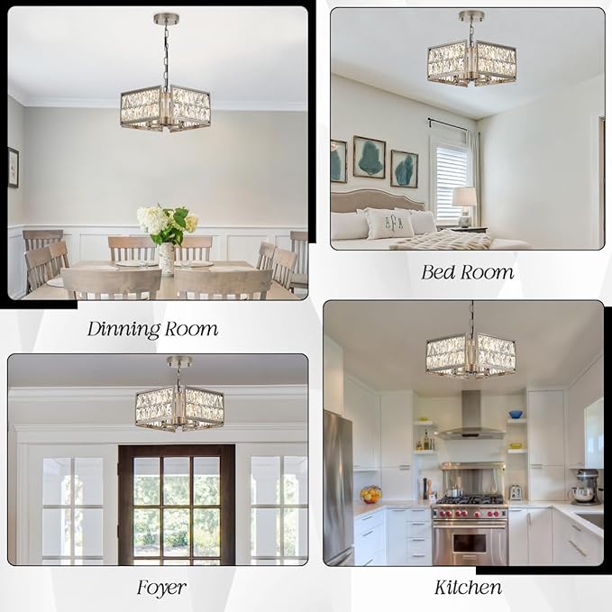 12” 4-Light Modern Crystal Chandeliers Nickel Dinning Room Light Fixture, Square Pendant Light Kitchen Island Chandelier, Flush Mount Ceiling Light for Living Room Entryway Bedroom Foyer-Ruum Studio Home