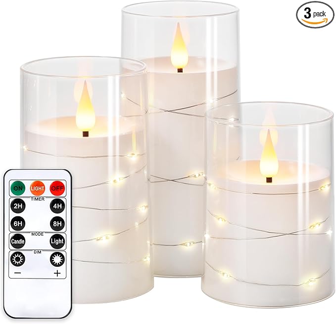 NURADA Flickering Flameless Candles: Built-in Star String Lights Acrylic 3D Wick Battery Operated LED Pillar Candles with Remote and Timer for Romantic Mood Home Decoration - 3 Pack Pure White-Ruum Studio Home