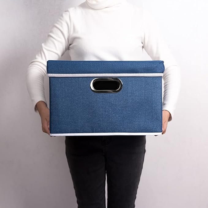PRANDOM Foldable Storage Bin with Lid [5-Pack] Linen Fabric Decorative Storage Box Organizer Container Basket Cube with Handles Divider for Closet Office Living Room Royal Blue(14.9x9.8x9.8)-Ruum Studio Home