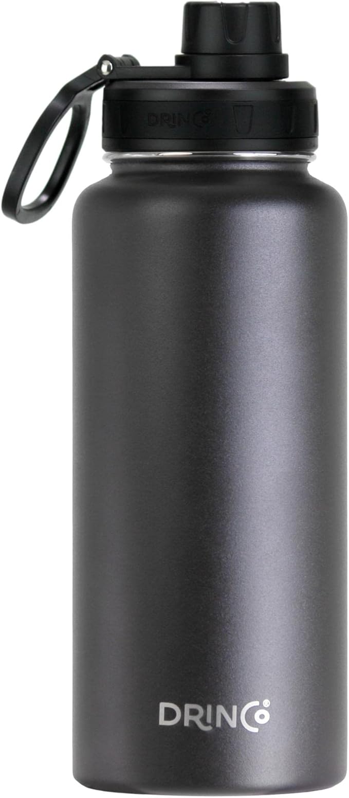 DRINCO Stainless Steel Water Bottle Spout Lid Vacuum Insulated Double Wall Water Bottle Wide Mouth (40oz 32oz 22oz 18oz 14oz) Leak Proof Keep Cold Sport Camping Hiking (32 oz, 32oz Black)-Ruum Studio Home