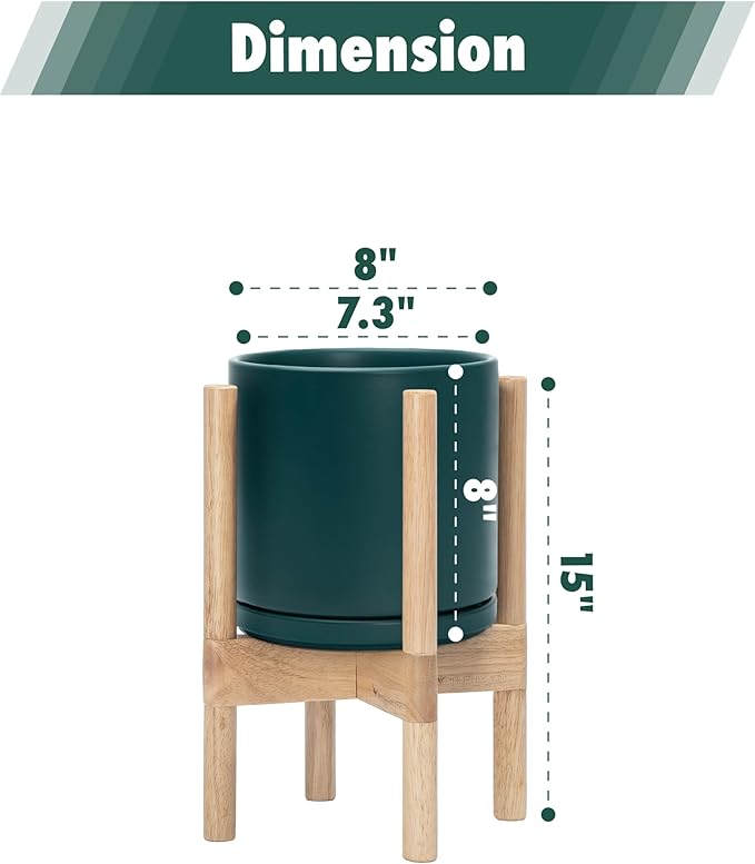 D'vine Dev Ceramic Planter with Natural Stand - 8 Inch Modern Round Flower Pot with Wood Planter Holder, Teal, 55-B-N-4-Ruum Studio Home