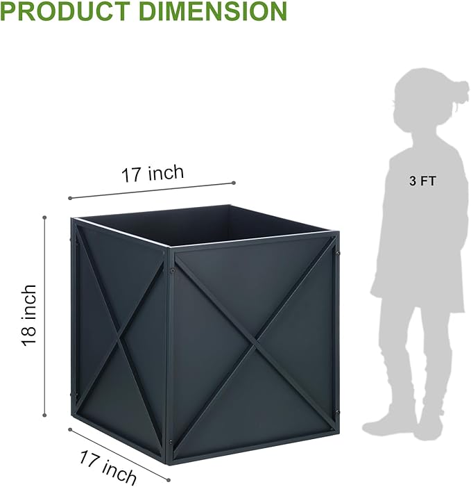 BAYN Metal Square Planter Box Tall Planters for Outdoor Plants Modern Heavy Duty with Drainage Holes for Outside Indoor Patio Deck - Grey, 17”x 17”x 18”-Ruum Studio Home