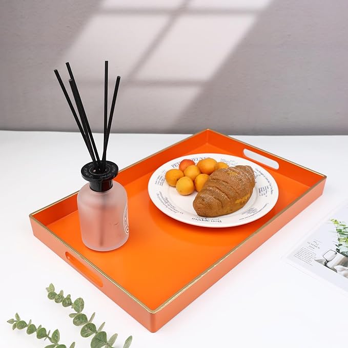 Spsyrine Orange Decorative Serving Tray with Handles, Elegant Plastic Coffee Table Tray for Ottoman, Living Room, Home Decor 15.6" X 10.2"-Ruum Studio Home