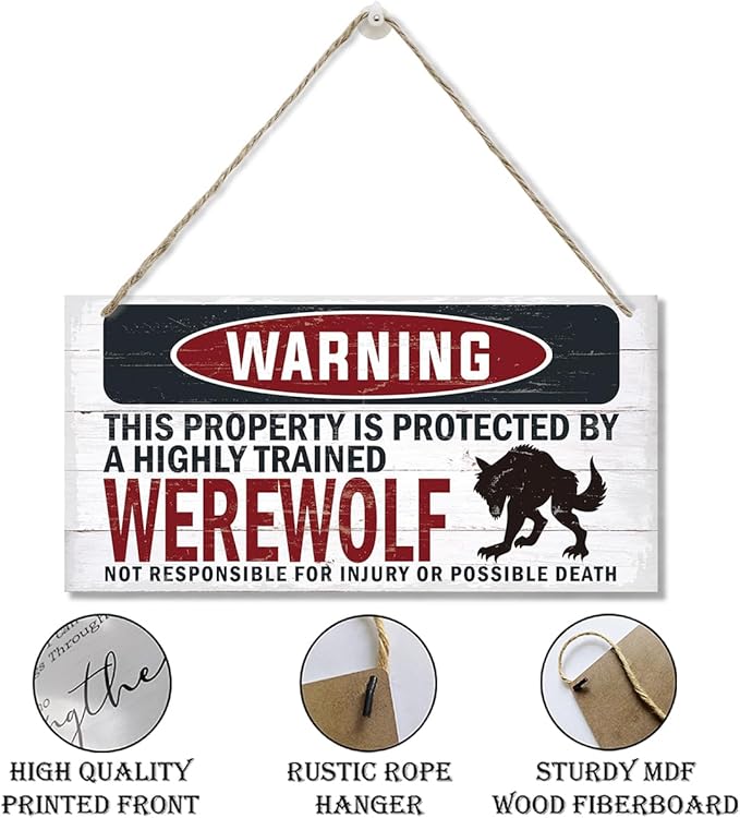 Warning Sign, Werewolf Warning Wood Plaque Sign, Funny Door Signs, Decorative Wood Hanging Suspension Plaque, Farmhouse Wooden Wall Decor, Outdoor Hanging Wooden Signs-Ruum Studio Home