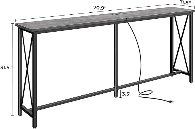 SUPERJARE 70 Inch Console Table with Outlets and USB-C Port, Extra Long Behind Couch Sofa Table with X-Shaped Design, Narrow for Entryway, Living Room, Metal Frame, Wooden Top, Grey-Ruum Studio Home