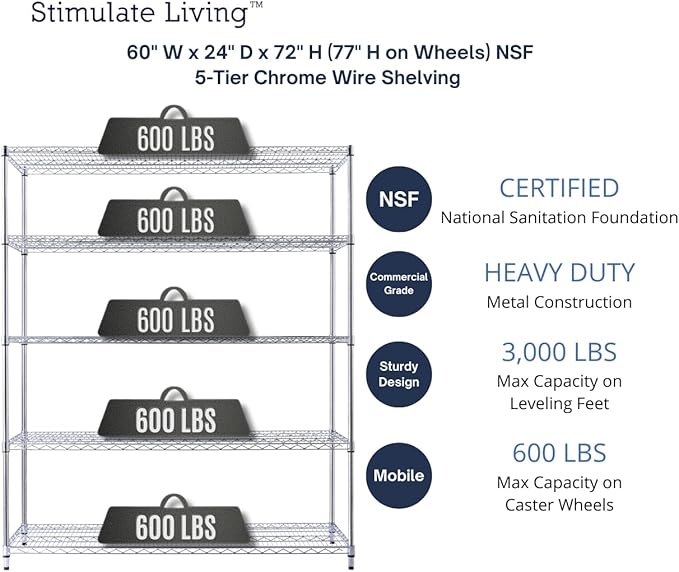60"x24"x72" PRIME HEAVY DUTY Chrome 5-Tier Wire Shelving NSF 3000 LBS MAX Capacity Storage Rack for Commercial, School, Home, Garage, Warehouse, Industrial, and Hospital Uses (with Wheels)-Ruum Studio Home