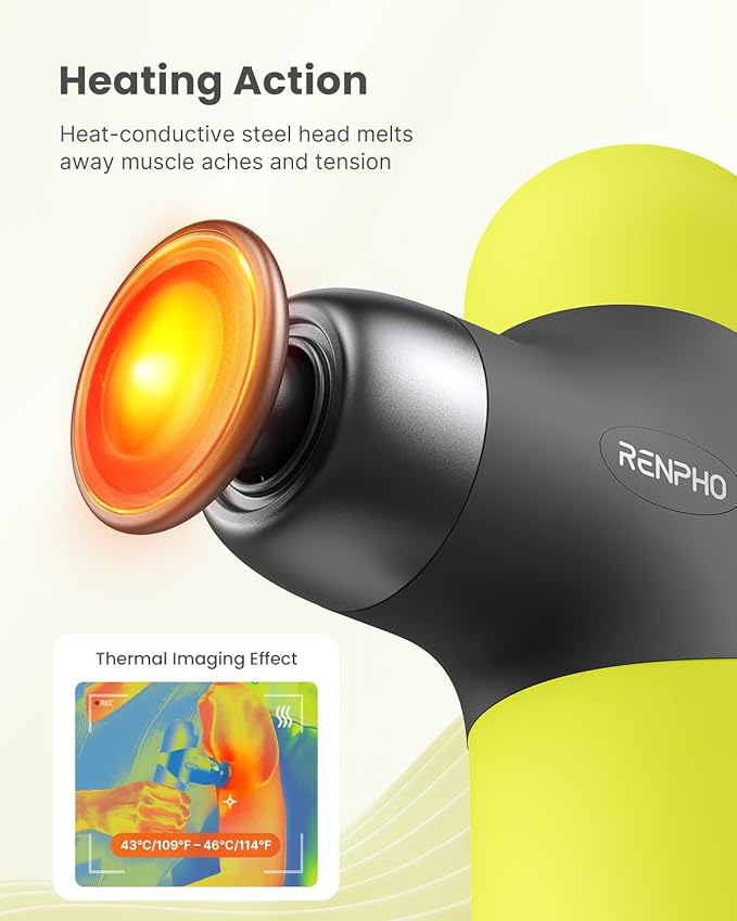 RENPHO Mini Thermal Massage Gun with Heat, Percussion Massager Gun Portable, Color Silicone Sleeves Travel Size with Carry Case, Neon Green-Ruum Studio Home