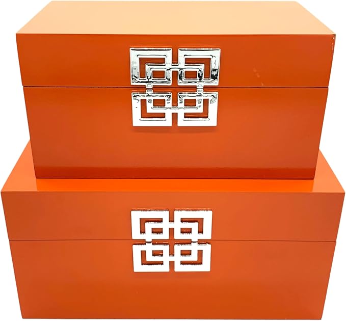 Galt International Storage Boxes - Large & Small Decorative Storage Box w/Hinged Lid - Classic Design Wood Decor Boxes with Geometric Opening Clasp - Home & Office Storage - Set of 2 (Orange)-Ruum Studio Home
