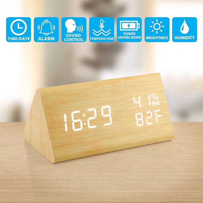 OCT17 Wooden Alarm Clock, Wood Alarm Clock Smart LED Digital Clock for Bedroom/desks, Upgraded with Time Temperature, Adjustable Brightness and Voice Control, Humidity Displaying - Bamboo-Ruum Studio Home