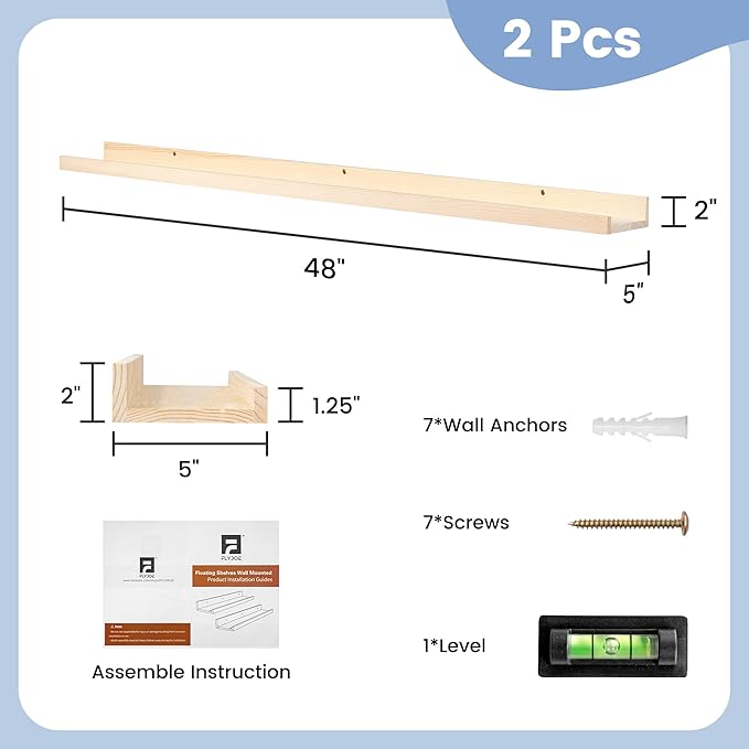 Picture Ledge Shelf for Wall, 48 inch Solid Pine Wood Nursery Book Shelves 2 Packs, Floating Ledge Shelves for Kids' Room Bedroom Bathroom Living Room Photo Frames Office Nursey Wall Decor, Natural-Ruum Studio Home