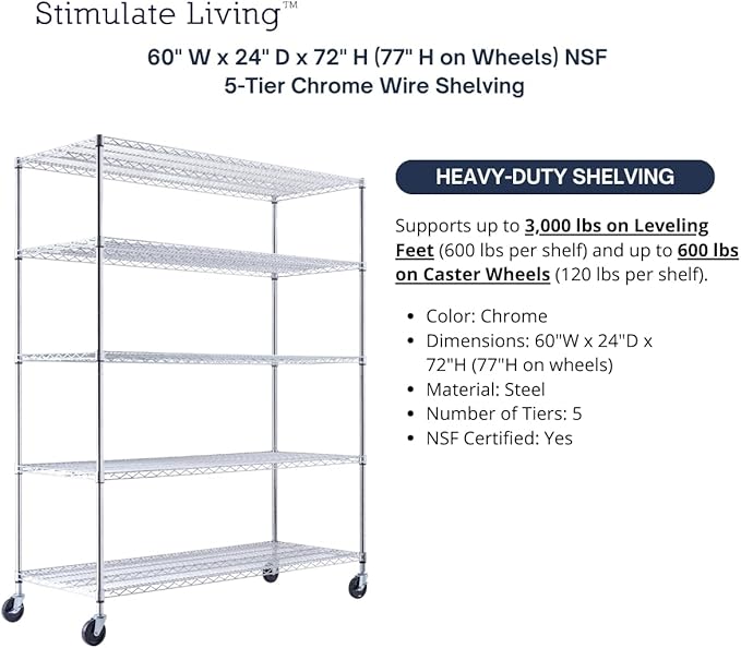 60"x24"x72" PRIME HEAVY DUTY Chrome 5-Tier Wire Shelving NSF 3000 LBS MAX Capacity Storage Rack for Commercial, School, Home, Garage, Warehouse, Industrial, and Hospital Uses (with Wheels)-Ruum Studio Home