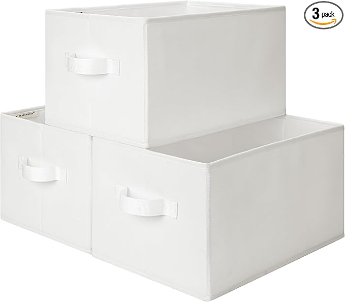 StorageWorks Storage Baskets for Shelves, Foldable Fabric Closet Storage Bins with Handles, Fabric Storage Bins Clothes Organizer, White, 3-Pack, Large-Ruum Studio Home