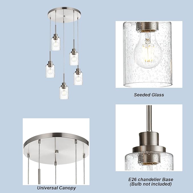 5 Light Farmhouse Pendant Lighting for Kitchen Island,Brushed Nickel Dining Room Cluster Pendant Light Fixtures Hanging Ceiling with Seeded Glass,Modern Pendant Light for Entrance Stairwell-Ruum Studio Home