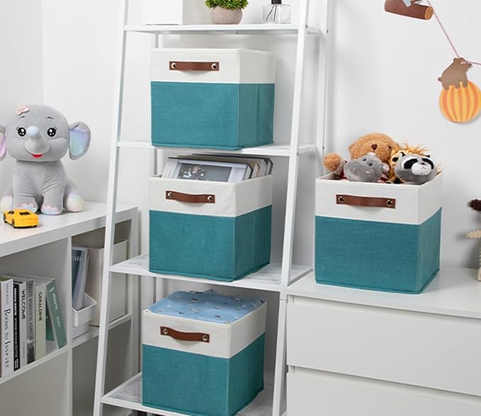 HNZIGE Fabric Storage Cube Bins Baskets for Organizing, 11 inch Cube Storage Bins, Set of 4, Collapsible Storage Bin with Handles, Closet Organizers and Storage Home Toy Nursery Bedroom(White Teal)-Ruum Studio Home