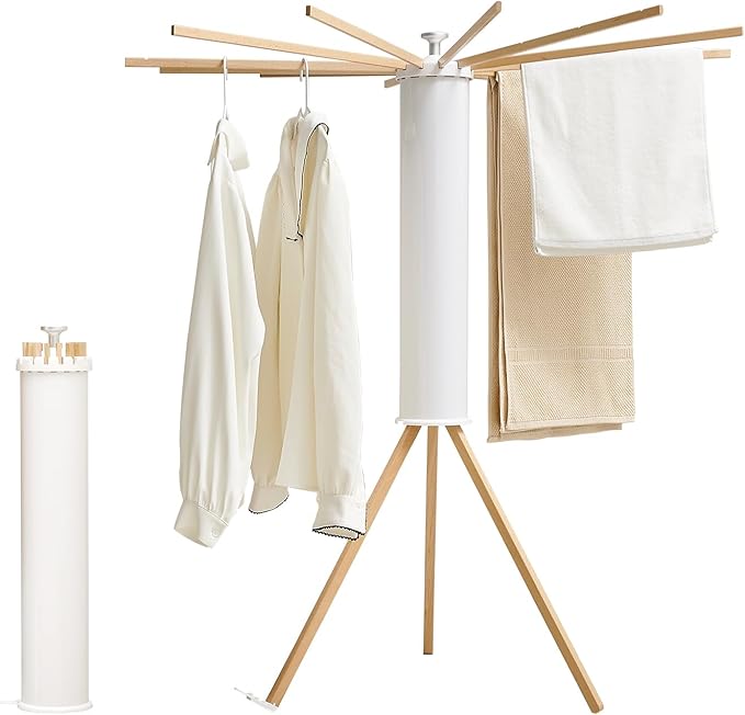 JOOM Tripod Clothes Drying Rack, Garment Rack Portable and Foldable Space Saving Laundry Drying Rack - Drying Rack Clothing 12 Rods Wooden-Ruum Studio Home