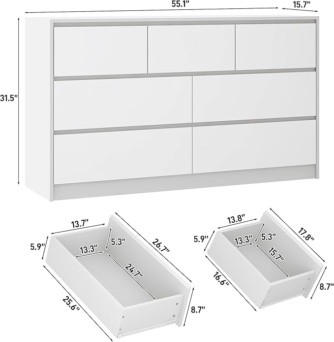 White Malm Dresser for Bedroom, 55 Inch Full High Gloss Dresser with 7 Drawers, Modern Large Wood Chest of Drawer Handle Free, Living Room, Entryway, Hallway, White-Ruum Studio Home