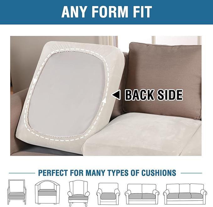 H.VERSAILTEX Velvet Stretch Couch Cushion Cover Plush Cushion Slipcover for Chair Loveseat Sofa Cushion Furniture Protector Seat Cushion Sofa Cover (3 Piece Sofa Cushion Covers, Porcelain)-Ruum Studio Home