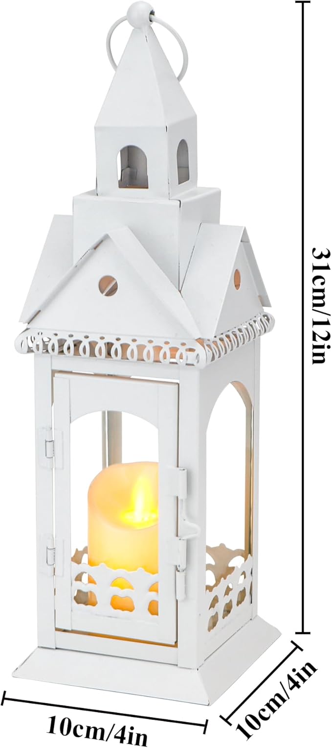 TRIROCKS Rustic Style Metal Candle Lantern 12'' High Decorative Outdoor Lantern Candle Holder with Tempered Glass House Shape for Home Living Room Garden Patio Parties Indoors Outdoors (White)-Ruum Studio Home