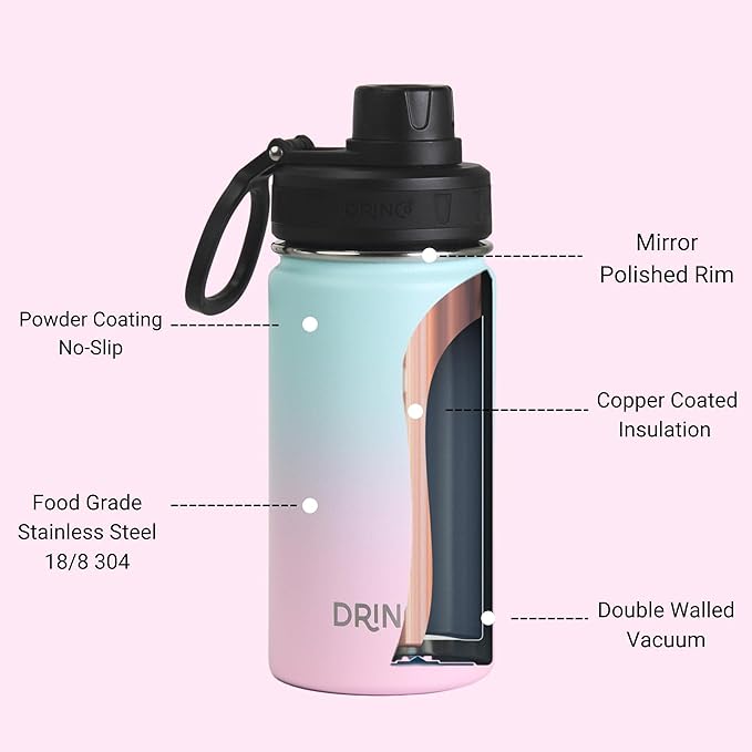 DRINCO Stainless Steel Water Bottle Spout Lid Vacuum Insulated Double Wall Water Bottle Wide Mouth (40oz 32oz 22oz 18oz 14oz) Leak Proof Keeps Cold or Hot (14 oz, 14oz Macaron)-Ruum Studio Home