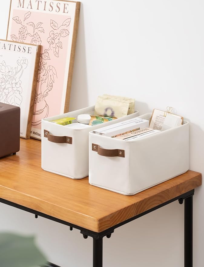 StorageWorks Narrow Storage Bins, Small Basket for Closet and Shelves, Rectangular Fabric Organizer with Handles, Toilet Paper Storage, Beige, 2-Pack-Ruum Studio Home