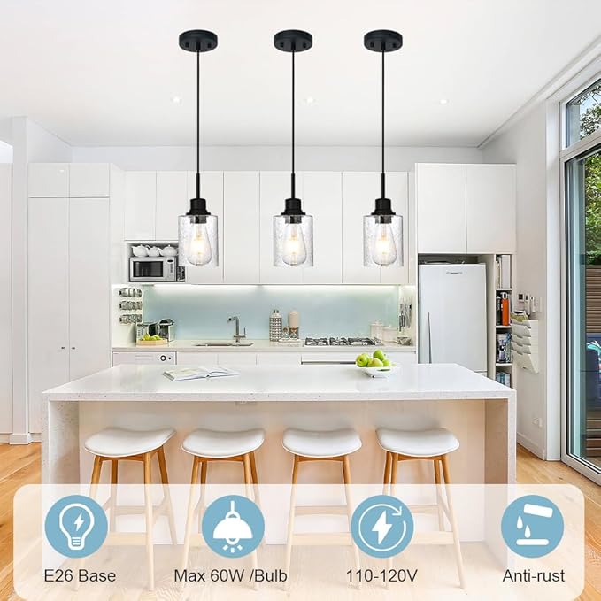 Modern Farmhouse Mini Chandeliers 3 Pack Black Pendant Lights Kitchen Island with Seeded Glass, Dining Room Lighting Fixtures Hanging Ceiling for Sink Bar Hallway Porch Corridor Bedroom-Ruum Studio Home
